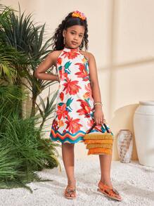 SHEIN Vestido informal hasta la rodilla de línea A, de tejido, sin mangas, con cuello de pie, hombros abiertos, estampado floral tropical colorido, para niña preadolescente, conjunto familiar a juego