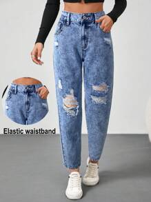 SHEIN Tall 女士紧身破洞蓝色七分牛仔裤 - 卡其色 - 查看 1