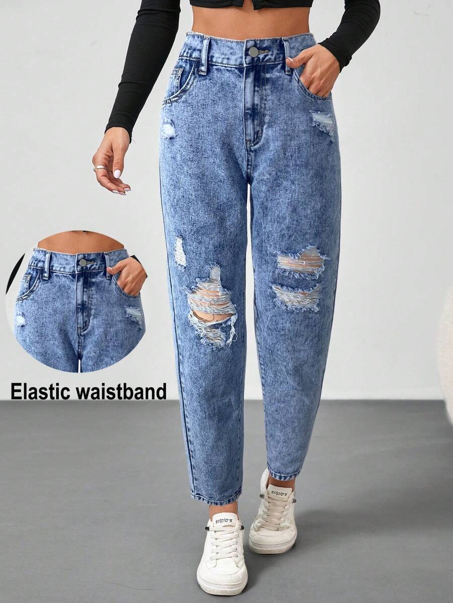 SHEIN Tall 女士紧身破洞蓝色七分牛仔裤 - 卡其色 - 查看 1