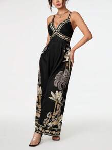 SHEIN PETITE Women's Floral Print Bohemian Style Jumpsuit - Black - View 6