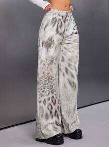 SHEIN Unity Women's Loose Fit Floral Leopard Print Wide Leg Casual Jeans, Versatile For All Seasons - Multicolor - View 3
