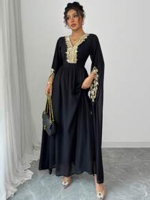 Rafferiza 女士优雅 V 领蕾丝腰 A 字型斗篷袖雪纺长裙，阿拉伯长袍时尚，优雅，斋月，日常穿着，长袍，纯色 - 黑色 - 查看 5