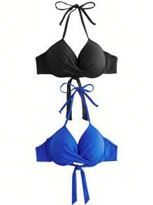 SHEIN Swim 女士纯色休闲比基尼上衣，简约时尚，适合日常穿着，夏季海滩度假 - 彩色 - 查看 1