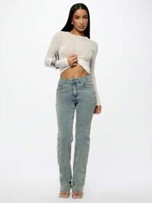 SUMWON WOMEN 高腰叠穿直筒牛仔裤经典 Y2K 风格春夏浅色洗水牛仔裤百搭休闲日常下装 - 藍色 - 查看 5