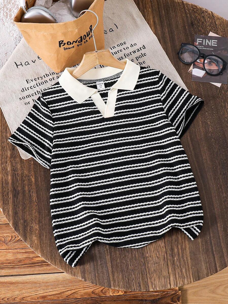 Tween Boys' Casual Daily Striped Collar Short Sleeve Loose Knit Polo Shirt