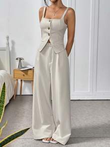 SHEIN EZwear Damskie spodnie garnitury eleganckie 2-częściowe zestawy kwadratowy dekolt guziki bez rękawów marynarka kamizelka topy i szerokie nogawki spodnie zestawy, ubrania robocze damskie