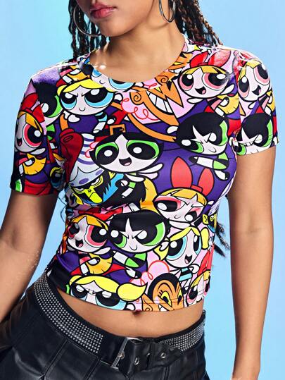 THE POWERPUFF GIRLS X SHEIN Camisetas cortas de ajuste ceñido con estampado total para mujer, con diseños de Flor, Botón de oro, Burbujas de dibujos animados y Corazón de flores, estilo Y2K, ideal para fiestas, conciertos y uso casual en primavera y verano 2025