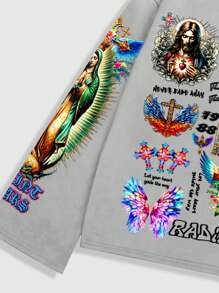 ROMWE MEN Goth 男士街头涂鸦印花套头连帽衫，适合春夏季日常穿着 - 淺灰色 - 查看 3