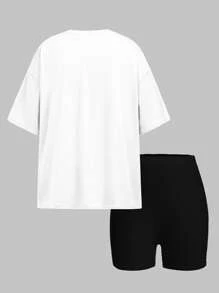 SHEIN Leap Crew Set de 2 piezas de outfit de verano para adolescentes, con blusa de manga corta de cuello redondo con estampado de moño - Multicolor - Ver 3