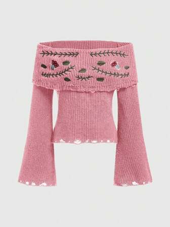 Fairycore Women Distressed Mushroom Embroidery Off-Shoulder Sweater