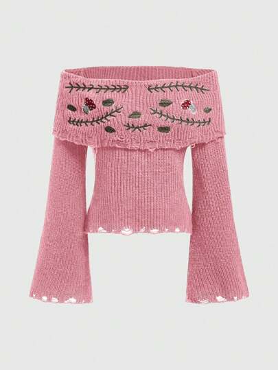 Fairycore Damen Off-Shoulder Pullover mit Pilz-Stickerei und Destroyed-Optik