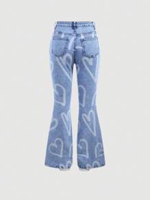SHEIN Teen Girls' Y2K Light Washed Heart Print High Stretchy Low Rised Denim Flare Jeans,Girls Summer Beach Boho Holiday,Concert Rave Festival Graduation Outfits