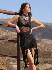 WESTFADE Spring Summer Lace Funnel Neck Ruched Sides Festival Tank Top - Black - View 1