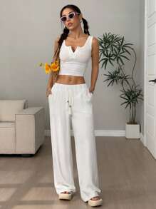 Flirla Pantalones casuales cómodos y ajustados de color liso para mujer