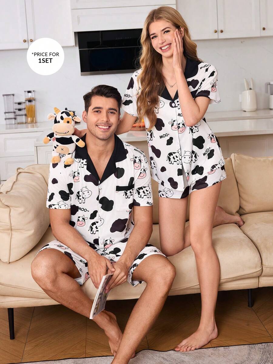 Men's Cute Cow & Letter Print Sleepwear Set - Black and White - View 1