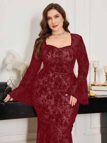 Modelyn Vestido de cola de pez maxivestido con mangas acampanadas de encaje, elegante y entallado, para primavera/verano, tallas grandes - Burdeos - Ver 4