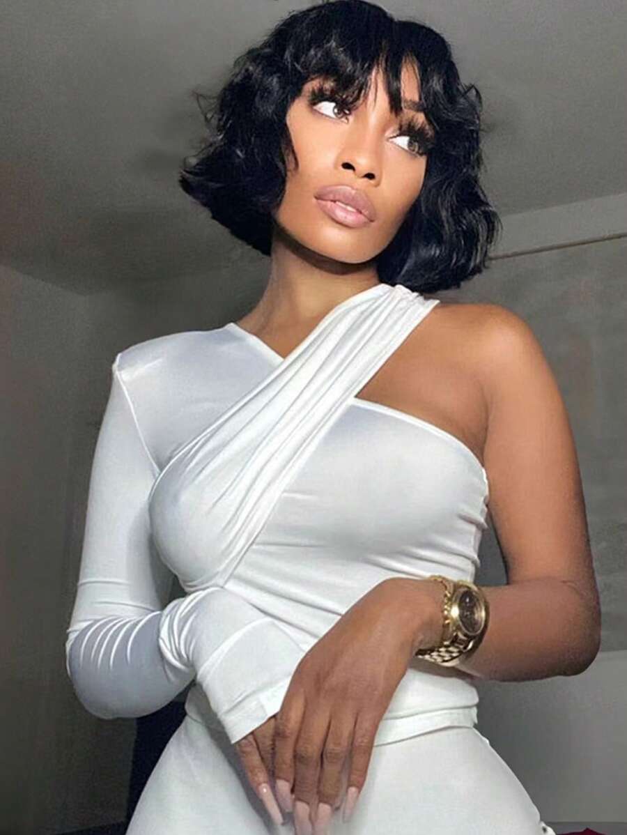 INAWLY Solva Camiseta corta y ajustada de mujer con un hombro asimétrico