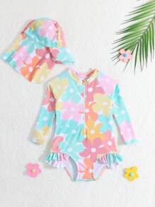 Baby Girl Printed Ruffled One-Piece Swimsuit With Hat (Random Print) - Multicolor - View 3