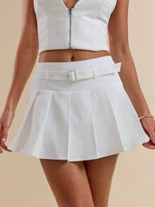 SHEIN BAE Women's Solid Color Halter Neck Top And Skirt Minimalist Fashion Set, Suitable For Summer - White - View 5