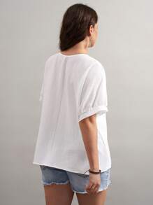 SHEIN VCAY 大码蝙蝠袖系带流苏衬衫夏季沙滩装度假女士复活节春季女士圣帕特里克复活节狂欢节优雅休闲西部可爱波西米亚乡村老钱教师早午餐女士热带度假女士伊比沙岛 - 白色 - 查看 2