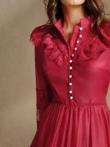 Anewsta Vestido elegante de longitud media con cuello bordado con flores para mujer, primavera/otoño