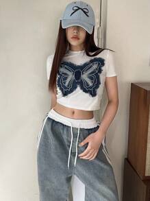 DAZY 女式圆领短袖透视T恤、短款上衣 - 白色 - 查看 2