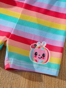 CoComelon X SHEIN 2pcs/Set Baby Girl Rainbow Cloud & Friends Pattern Cap Sleeve Top And Rainbow Striped Leggings Summer Outfit - Multicolor - View 6