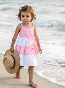 Baby Girl Contrast Color Cute Summer Suspender Dress And Floral Decoration Bag