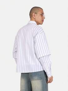 SUMWON Chemise boutonnée surdimensionnée en coton mélangé à rayures verticales, style classique décontracté de bureau, porter au printemps et à l'été, col classique, manches longues - Blanc - Voir 3