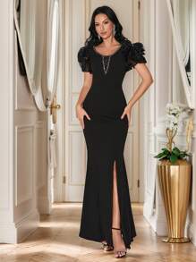 SHEIN Belle 3D Floral High Slit V-Neck Short Sleeve Rhinestone Embellished Solid Color Cocktail Dress, Wedding Guest Dress Music Festival Spring/Summer, Party Dress, Formal Dress, Evening Dress,Gown - Black - View 7