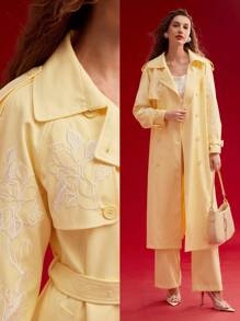 MOTF PREMIUM FLORAL EMBROIDERY DOUBLE BREASTED TRENCH COAT,SPRING/SUMMER - Yellow - View 2