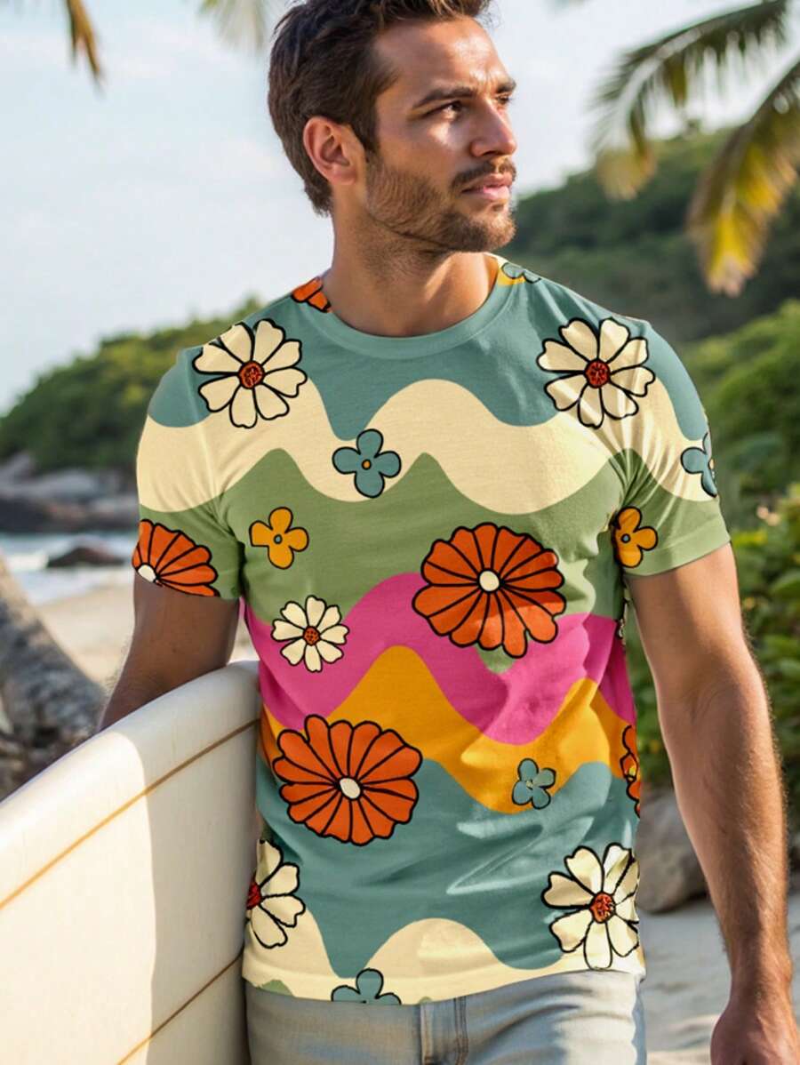 GENTILAND 男士花卉印花休闲圆领短袖 T 恤