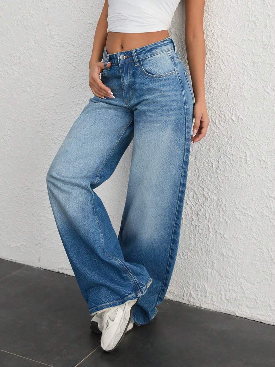 EURMUSE WOMEN LOW WAIST WIDELEG Y2K STREET WEAR CASUAL EVERYDAY - Medium Wash - View 1