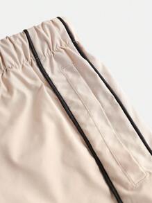 Teen Girls  Contrast Trim Drawstring Waist Wide Leg Casual Cargo Pants - Apricot - View 7