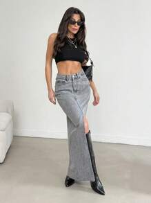 EURMUSE Low Waist Front Slit Maxi Skirt Petite - Grey - View 1