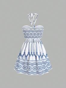 Sweetra 女士夏季休闲度假紧身系带露背镂空喇叭迷你连衣裙，带花卉印花，蓝色 - 藍色 - 查看 2