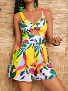 Slaydiva Mono nuevo con estampado de planta tropical, estilo casual de vacaciones, primavera/verano - Blanco - Ver 7