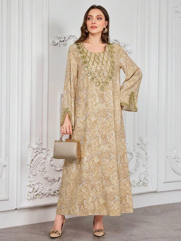 Al Najma 女式套头束腰外衣，佩斯利花纹和金色亮片领，土耳其和阿拉伯传统长裙，朴素的卡夫坦