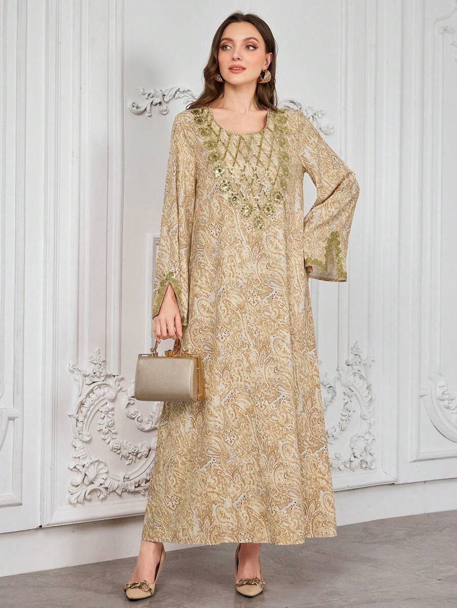 Al Najma 女式套头束腰外衣，佩斯利花纹和金色亮片领，土耳其和阿拉伯传统长裙，朴素的卡夫坦 - 卡其色 - 查看 1