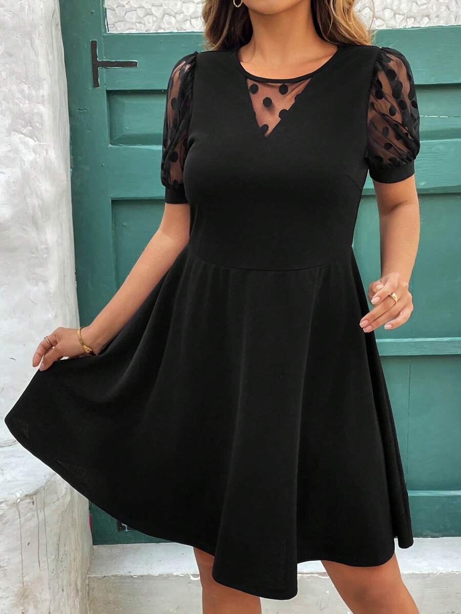 SHEIN Clasi Plus Size Solid Color Polka Dot V-Neck Sheer Puff Sleeve High Waist Dress,Vacation Outfits Woman,Summer Outfits For Women,Business Casual Woman,Going Out Tops Women ,Office Wear Women,Spring Outfits For Women,Festival ,Old Money, Elegant Woman Clothing,Modesty Clothes Women ,Suitable For Everyday Elegant Wear
