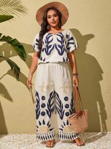 SHEIN Clasi Áo thun cổ tròn tay ngắn họa tiết hình học cỡ lớn cho nữ và quần dài trang phục mùa hè, phù hợp cho Ngày lễ Thánh Patrick, Rave, Lễ hội, Kỳ nghỉ xuân, Phong cách Boho - Nhiều màu - Xem 4