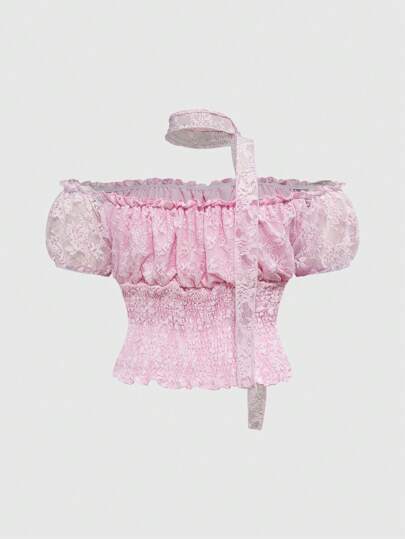 Kawaii Camiseta ajustada con cuello de encaje a la altura del hombro, cintura anudada, en talla grande