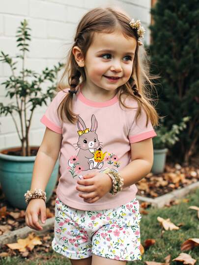 SHEIN Leap Crew Young Girl Cute Rabbit Print, Pressed Flower Sets, Boho Wildflowers, Plant Sets, Vintage Botanical Sets, Pastel Floral Nature Sets, Casual Simple Short Sleeve Top And Shorts 2 Pieces Set, Suitable For Summer & Easter