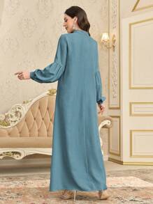 Al Najma Women's Loose Floral Embroidered V-Neck With Stand Collar Dress, Fashion And Elegant Arabic-Style,Modest - Blue - View 2