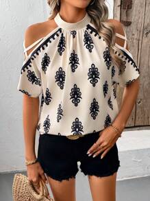 SHEIN Clasi Camiseta de mujer de encaje en color albaricoque con cuello alto hueco y hombros abiertos de diseño elegante y casual - Albaricoque - Ver 6