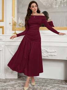 Modelyn 女士优雅魅力斜肩针织编织伞形下摆时尚连衣裙长款晚礼服 - 紅色 - 查看 5