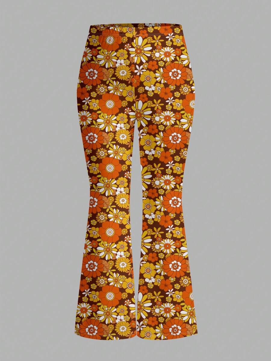 SHEIN MOD Plus Size Women Floral Print Elastic Waist Flare Pants, Casual Suitable For Going Out