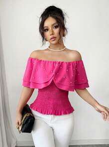Elenzga Women's Woven Bubble Beads Elegant Summer Regular Shirt - Hot Pink - View 3