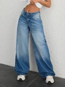 EURMUSE WOMEN LOW WAIST WIDELEG Y2K STREET WEAR CASUAL EVERYDAY - Medium Wash - View 3