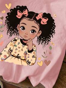 SHEIN Young Girl Casual Pattern Short Sleeve T-Shirt, Suitable For Summer - Coral Pink - View 4